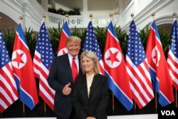 U.S. President Donald Trump is interviewed by VOA Contributor Greta Van Susteren shortly after the summit between Trump and North Korean leader Kim Jong Un concluded, June, 12, 2018, in Singapore.