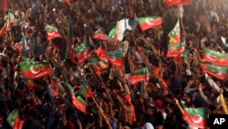 Since he was toppled by parliament five months ago, former Prime Minister Imran Khan has demonstrated his popularity with rallies, such as this one in Peshawar, Pakistan, Sept. 6, 2022.