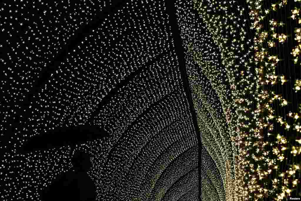 A visitor views light installations as part of the Christmas illuminations trail at Kew Gardens, in London, Nov. 15, 2022.