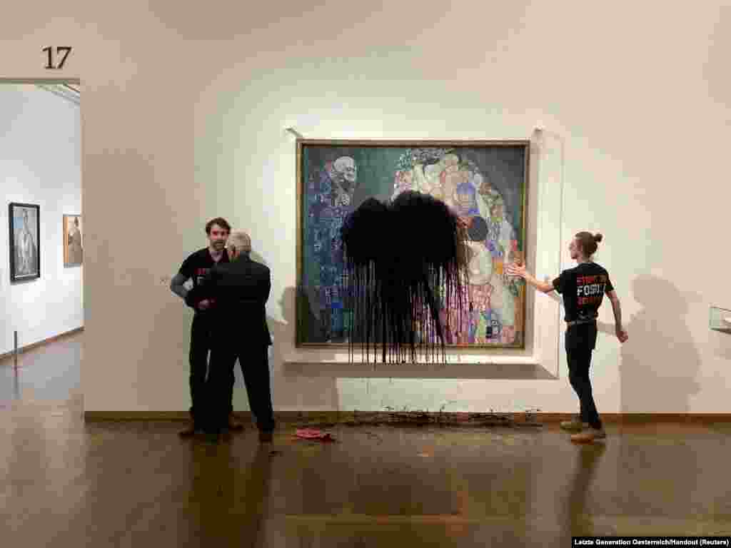 Gustav Klimt's painting "Tod und Leben" is seen after activists of Last Generation Austria (Letzte Generation Oesterreich) spilled oil on it in Leopold museum in Vienna, Austria.