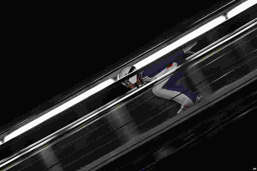 Estonia's Kevin Maltsev makes a training run during the FIS Men's HS134 qualification at the Ski Jumping World Cup in Wisla, Poland.