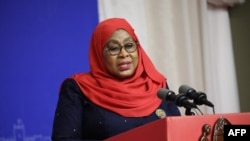 Tanzanian President Samia Suluhu Hassan addresses a press conference after her meeting with U.S. Vice President Kamala Harris in Dar es Salaam, Tanzania, March 30, 2023.