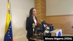 María Corina Machado ofrece una rueda de prensa en Caracas el 4 de julio de 2023.