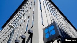 FILE - The logo of the Organization of Petroleoum Exporting Countries (OPEC) is seen outside of OPEC's headquarters in Vienna, Austria, April 9, 2020.