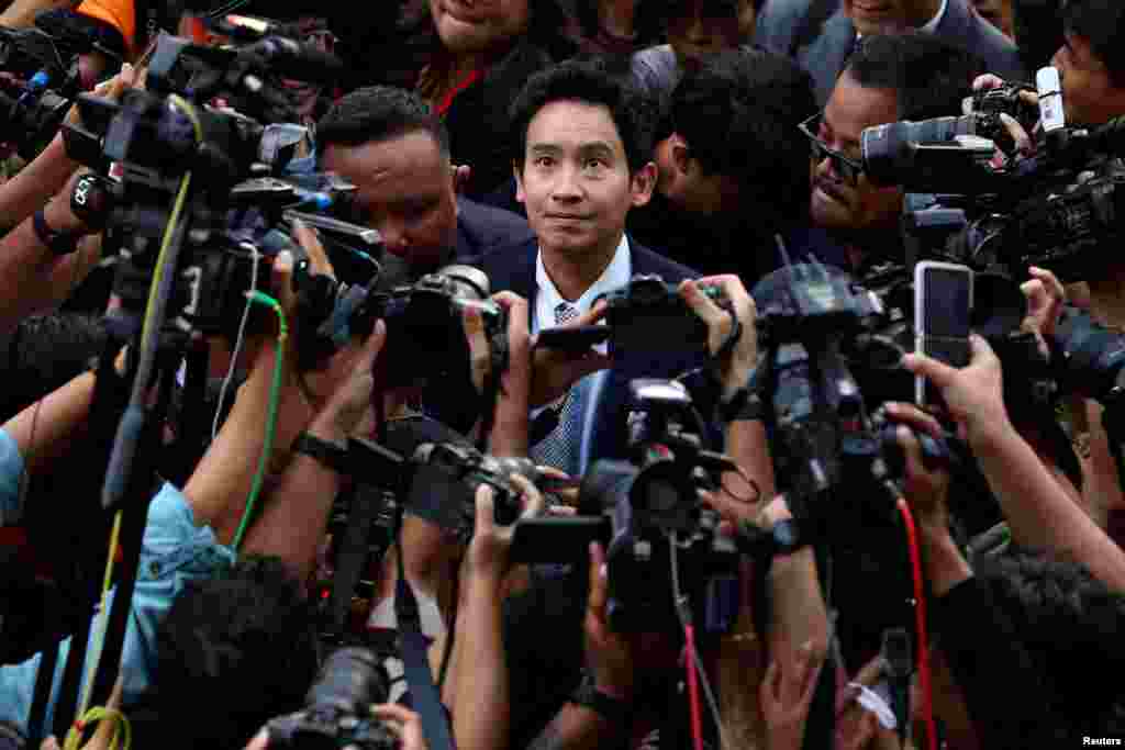 Former Move Forward party leader Pita Limjaroenrat arrives at the party headquarters after Thailand's Constitutional Court delivered its verdict on a case seeking the dissolution of the opposition group over its call for lese-majeste reform, in Bangkok, Thailand.