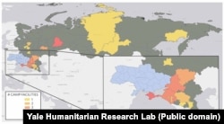 На карті, підготовленій командою Лабораторії гуманітарних досліджень Єльського університету, видно, де Росія тримає українських дітей