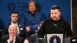 Ukrainian President Volodymyr Zelenskyy delivers a speech after receiving the Charlemagne Prize for Services to European Unity in Aachen, Germany, May 14, 2023.