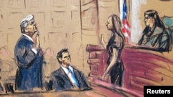 Former U.S. President Donald Trump stands next to his attorney John Lauro as he takes an oath before Magistrate Judge Moxila A. Upadhyaya during his plea hearing at federal court in Washington, Aug. 3, 2023, in a courtroom sketch. 