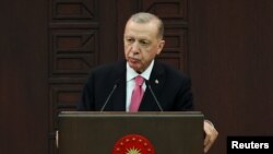 Rais wa Uturuki Tayyip Erdogan wakati akitangaza baraza lake la mawaziri mjini Ankara, Uturuki. June 3, 2023.