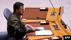 Rais wa Ukraine Volodymyr Zelenskyy akizungumza wakati wa mkutano wa Baraza kuu la Usalama HUko New York . Picha na TIMOTHY A. CLARY / AFP. 