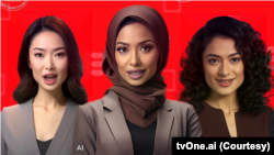 Penampakan presenter berita virtual tvOne.ai, (kiri ke kanan) Sasya, Nadira, dan Bhoomi.