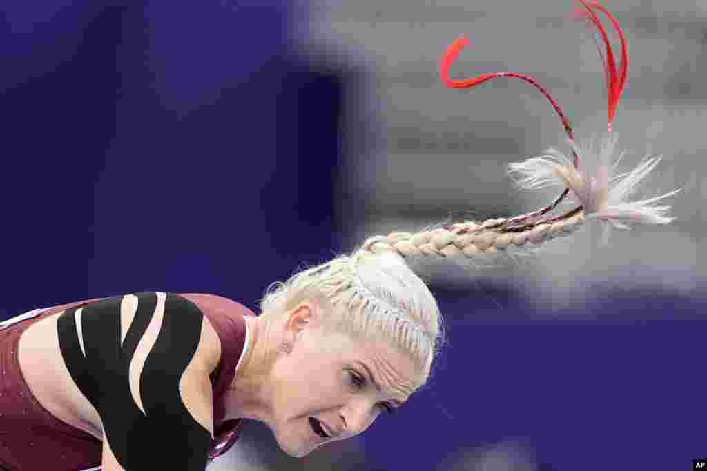 Lina Muze-Sirma of Latvia competes in the women's javelin throw qualification at the 2024 Summer Olympics in Saint-Denis, France.