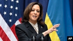 U.S. Vice President Kamala Harris speaks during a joint press conference with Ukrainian President Volodymyr Zelenskyy, not pictured, at the Munich Security Conference in Munich, Germany, Feb. 17, 2024. Harris will represent the U.S. at the upcoming Ukraine peace summit.