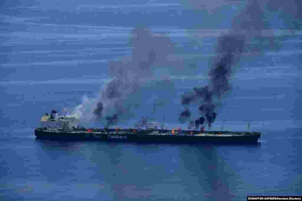 Flames and smoke rise from the Greek-flagged oil tanker Sounion, which has been on fire since August 23, on the Red Sea, Aug. 25, 2024.&nbsp;Yemen's Houthis said they attacked the Sounion in the Red Sea.&nbsp;