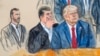 This artist sketch depicts former President Donald Trump, right, conferring with defense lawyer Todd Blanche, center, during his court appearance in Washington, Aug. 3, 2023. Special Prosecutor Jack Smith is at left. (Dana Verkouteren via AP)