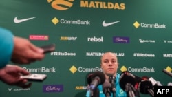 Australia's Tameka Yallop attends a press conference at the Sydney Football Stadium in Sydney, Aug. 14, 2023, ahead of the Australia and New Zealand 2023 Women's World Cup semi-final football match against England.