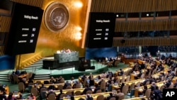 FILE - A vote tally to affirm the suspension of the Russian Federation from the United Nations Human Rights Council is displayed during a meeting of the United Nations General Assembly, April 7, 2022. Russia is seeking to reclaim its seat in a General Assembly vote Oct. 10, 2023.
