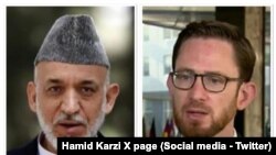 از راست به چپ، تام وست، نماینده ویژه ایالات متحده برای افغانستان، و حامد کرزی، رییس جمهور پیشین افغانستان