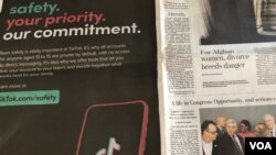 TikTok在美国《华盛顿邮报》刊登的宣称承诺重视用户安全的广告。(202年3月5日)