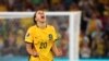 Australia's Sam Kerr celebrates after scoring during a penalty shootout in the Women's World Cup quarterfinal soccer match against France in Brisbane, Australia, on Aug. 12, 2023.