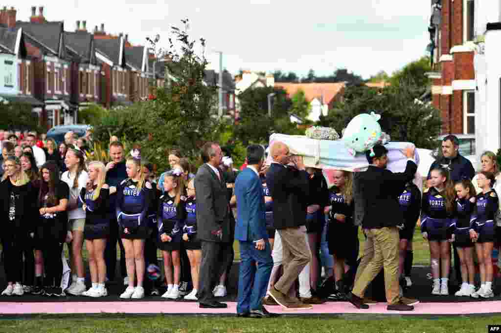 The coffin of Southport stabbing victim Elsie Dot Stancombe, 7 years old, arrives for the funeral at the St John's Church, in Birkdale, near Southport, north western England.&nbsp;Stancombe was among the three girls murdered during the July 29 knife attack at a Taylor Swift-themed dance party.