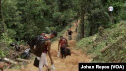 Un grupo de migrantes en la puerta de entrada a la inhóspita jungla del Darién, en Colombia. FOTO: Johan Reyes, VOA.