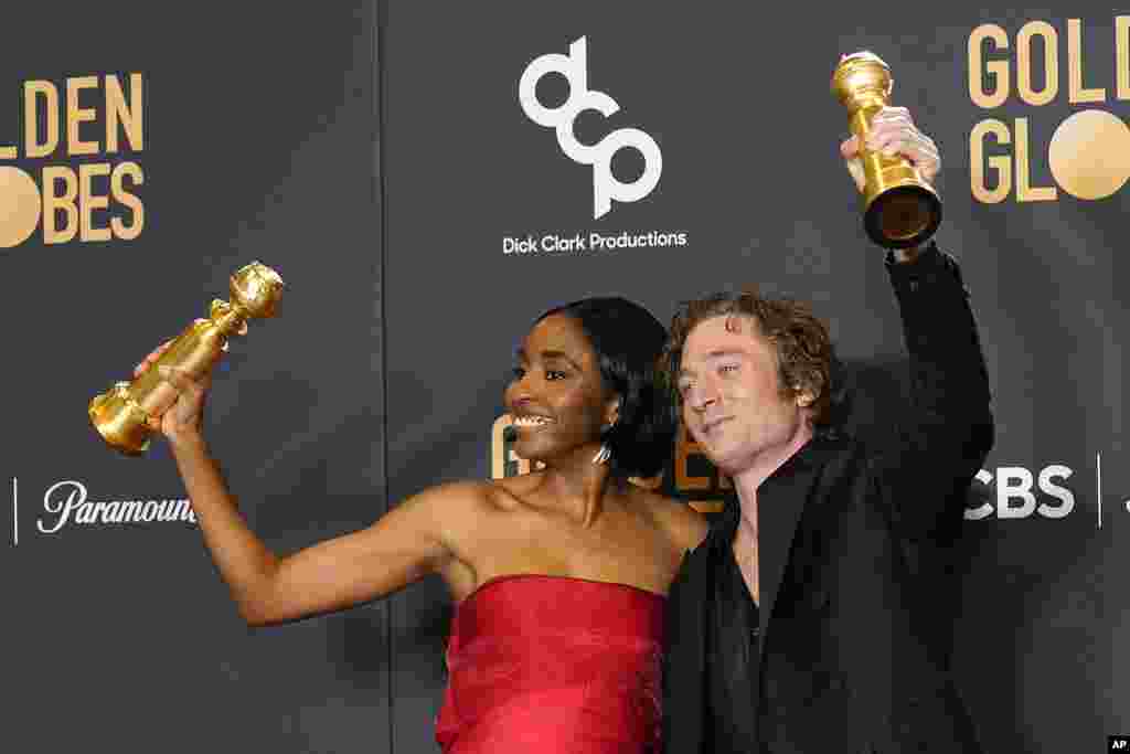 Ayo Edebiri, left, winner of for best performance by an actress in a television series, musical or comedy for "The Bear", and Jeremy Allen White, winner of the award for best performance by an actor in a television series, musical or comedy for "The Bear."