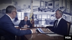 Kolaž fotografija koji prikazuje ruske biznismene Valerija Abramova (lijevo) i Viktora Perevalova (desno) na sastanku sa Vladimirom Putinom, te nekretnine Perevalova u Majamiju. (Foto: Kremlin.ru, Zillow.com, Redfin.com).