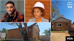 Montagem com Mavi Oliveira e Silvia Ferreira ao lado da casa modelo feita de blocos Baraçarana.