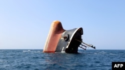 The Rubymar cargo ship is seen partly submerged off the coast of Yemen, March 7, 2024.