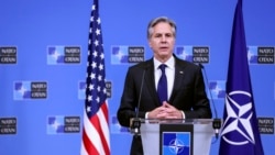 2024年4月4日，美國國務卿布林肯在布魯塞爾北約總部舉行的北約外長會議後在記者會上致詞。 （美聯社照片）