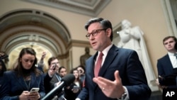 美國眾院議長約翰遜在國會對記者講話。 （2024年1月12日）