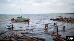 Wavuvi wakiwasiri ufukweni katika soko la Samaki la Malindi, Zanzibar Desemba 28, 2017. Picha na GULSHAN KHAN/AFP.