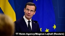 Premijer Švedske Ulf Kristersson na press konferenciji, 26. februara 2024. nakon što je Parlament Mađarske ratifikovao članstvo Švedske u NATO-u.