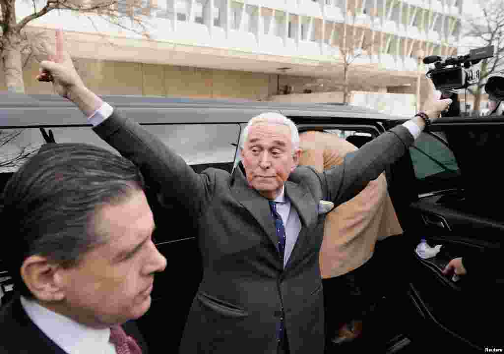 Roger Stone, former U.S. President Donald Trump's campaign adviser, gestures as he leaves the O'Neill House Office Building, following his deposition before the House Select Committee investigating the January 6 attack on the U.S. Capitol, in Washington.