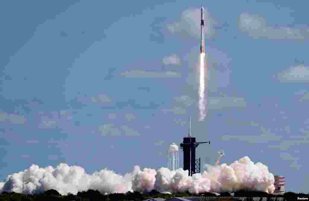 A SpaceX Falcon 9 rocket with the Dragon capsule launches from Pad-39A on the Crew-5 mission to the International Space Station from NASA's Kennedy Space Center in Cape Canaveral, Florida.