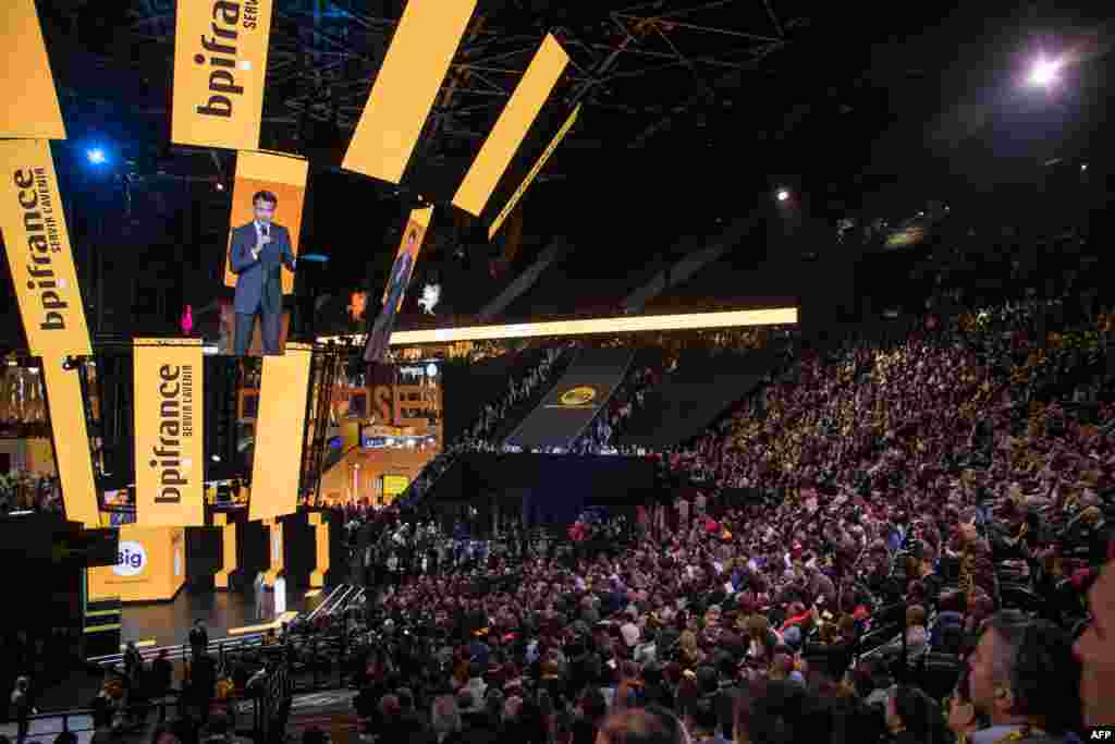 French President Emmanuel Macron (C) speaks during the annual tech conference "Inno Generation" organized by French investment bank Bpifrance in Paris.