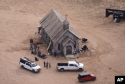 FILE - This aerial photo shows part of the Bonanza Creek Ranch film-set in Santa Fe, N.M., on Oct. 23, 2021. (AP Photo/Jae C. Hong, File)