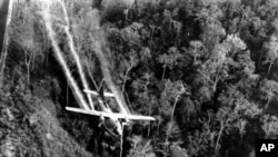 FILE - In this May 1966 file photo, a U.S. Air Force C-123 flies low along a South Vietnamese highway spraying defoliants on dense jungle growth beside the road to eliminate ambush sites during the Vietnam War.