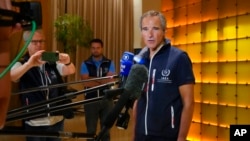 Director General of the International Atomic Energy Agency Rafael Mariano Grossi speaks to media in Kyiv, Ukraine, Aug. 31, 2022. 