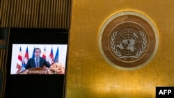 FILE - Cambodia's Prime Minister Hun Sen addresses the 76th session of the United Nations General Assembly at U.N. headquarters in New York, Sept. 25, 2021.