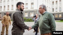 乌克兰总统泽连斯基在基辅会晤联合国秘书长古特雷斯。(2022年4月28日)