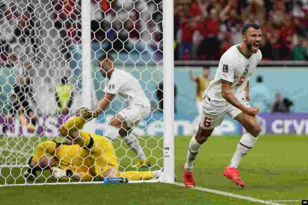 Morocco's Romain Saiss, right, reacts after teammate Abdelhamid Sabiri, not visible, scored a goal on Belgium's goalkeeper Thibaut Courtois, left, during the World Cup group F soccer match between Belgium and Morocco, at the Al Thumama Stadium in Doha, Qatar.