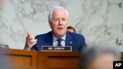 FILE - Sen. John Cornyn speaks during a hearing on Capitol Hill in Washington, March 22, 2022.