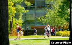Students walk to class at Bowdoin College in Brunswick, Maine.