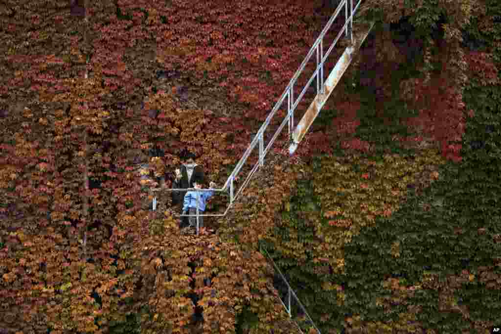 A woman and a child, both wearing face masks, walk up a staircase on a building covered with autumn-colored leaves to take souvenir picture in Beijing, China.