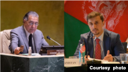 از راست به چپ، نصیر احمد فایق، سرپرست نمایندگی افغانستان در ملل متحد، و منیر اکرم، سفیر پاکستان در این سازمان