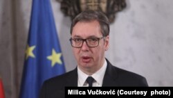 Predsednik Srbije tokom obraćanja nakon susreta sa međunarodnim izaslanicima u Beogradu (Fonet/Milica Vučković)