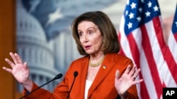 FILE - Speaker of the House Nancy Pelosi talks during her weekly news conference, on Capitol Hill in Washington, March 9, 2022.
