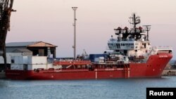 FILE - Rescue ship 'Ocean Viking' arrives with rescued migrants in Porto Empedocle in Sicily, Italy, July 6, 2020. 